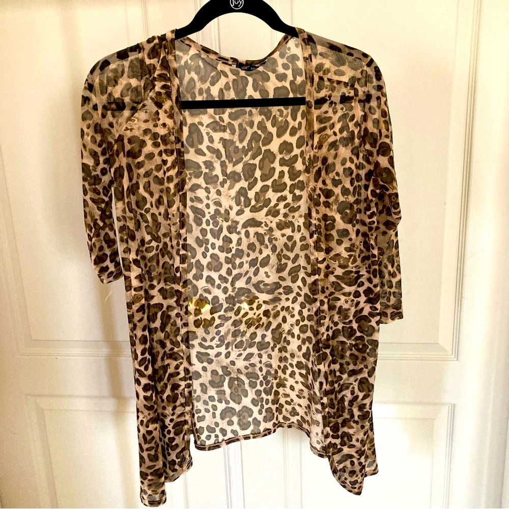 Michel Leopard Print Sheer Cardigan Top Size S Tan Brown Black